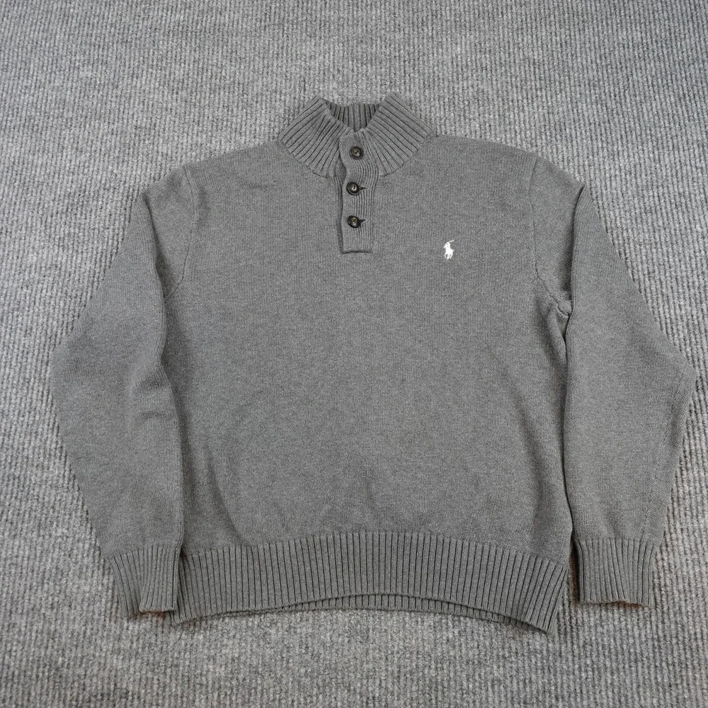 Polo Ralph Lauren Sweater Mens Large Gray Henley Mock Neck Pony Logo Pullover